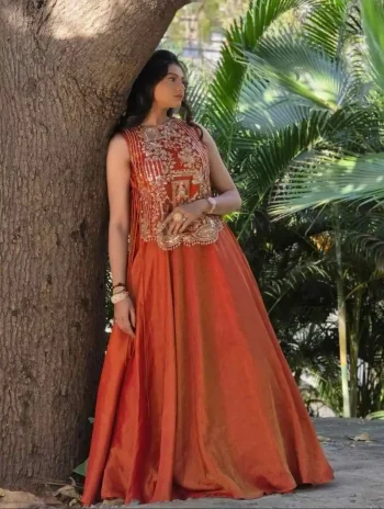 MODERN VICHITRA SILK PLAIN LEHENGA CHOLI WITH EMBROIDERY THREAD AND SEQUENCE WORK SHRUG ORANGE