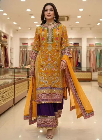 DESIGNER GEORGETTE EMBROIDERY WORK & REAL MIRROR WORK TOP PALAZZO WITH DUPATTA YELLOW