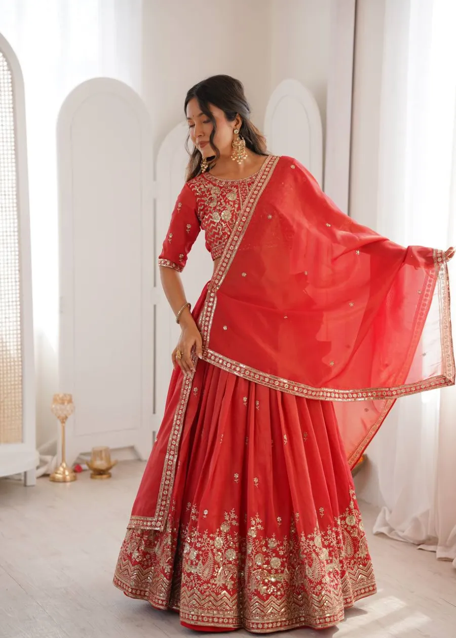 15DESIGNER SHIMMER SILK THREAD WITH SEQUENCE WORK LEHENGA CHOLI WITH DUPATTA WEDDING WEAR WHOLESALE PRICE ETHNIC GARMENT (18)