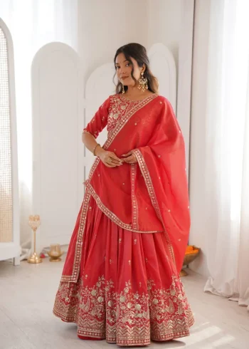 DESIGNER SHIMMER SILK THREAD WITH SEQUENCE WORK LEHENGA CHOLI WITH DUPATTA GAJARI