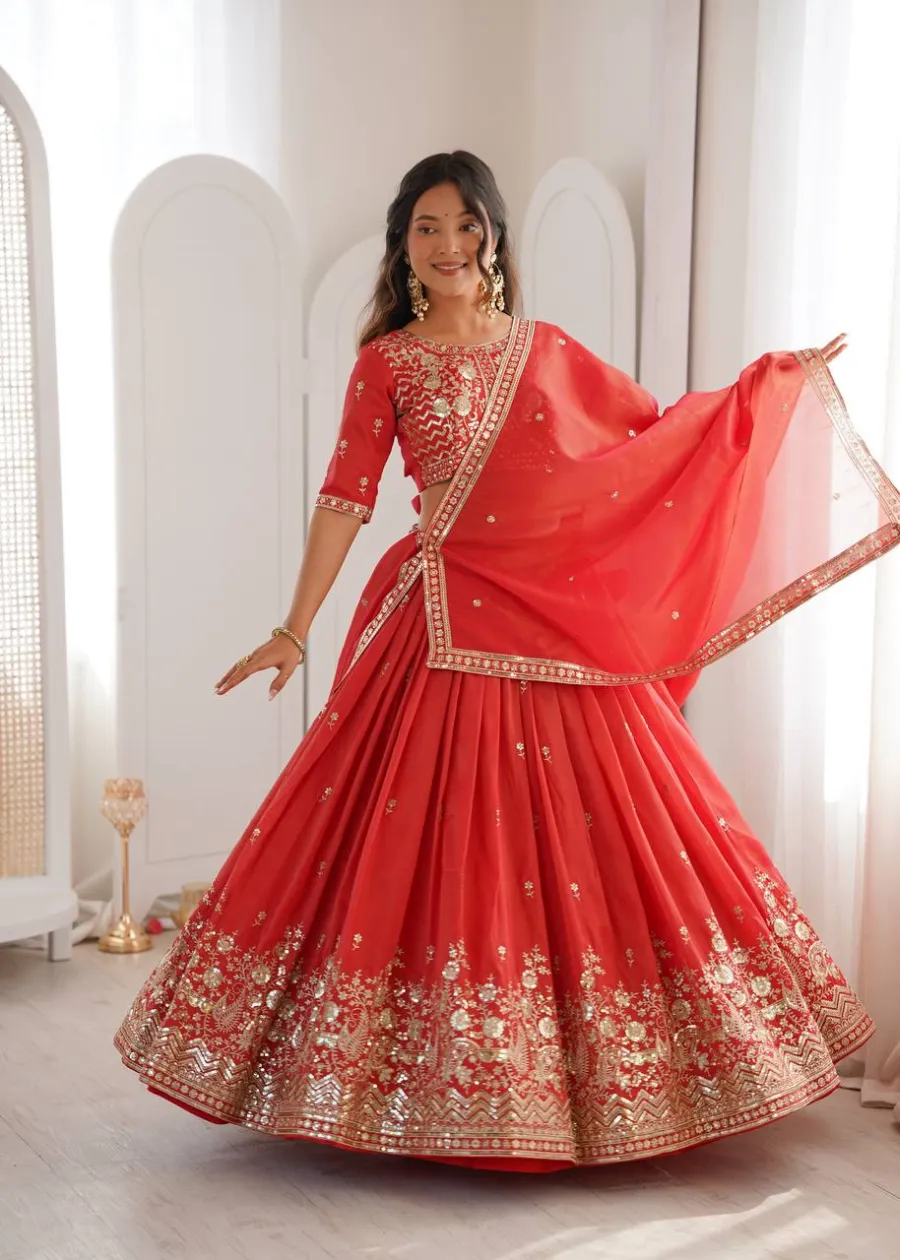 15DESIGNER SHIMMER SILK THREAD WITH SEQUENCE WORK LEHENGA CHOLI WITH DUPATTA WEDDING WEAR WHOLESALE PRICE ETHNIC GARMENT (20)