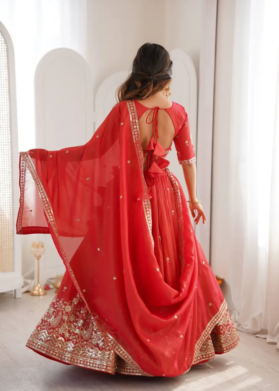 15DESIGNER SHIMMER SILK THREAD WITH SEQUENCE WORK LEHENGA CHOLI WITH DUPATTA WEDDING WEAR WHOLESALE PRICE ETHNIC GARMENT (23)