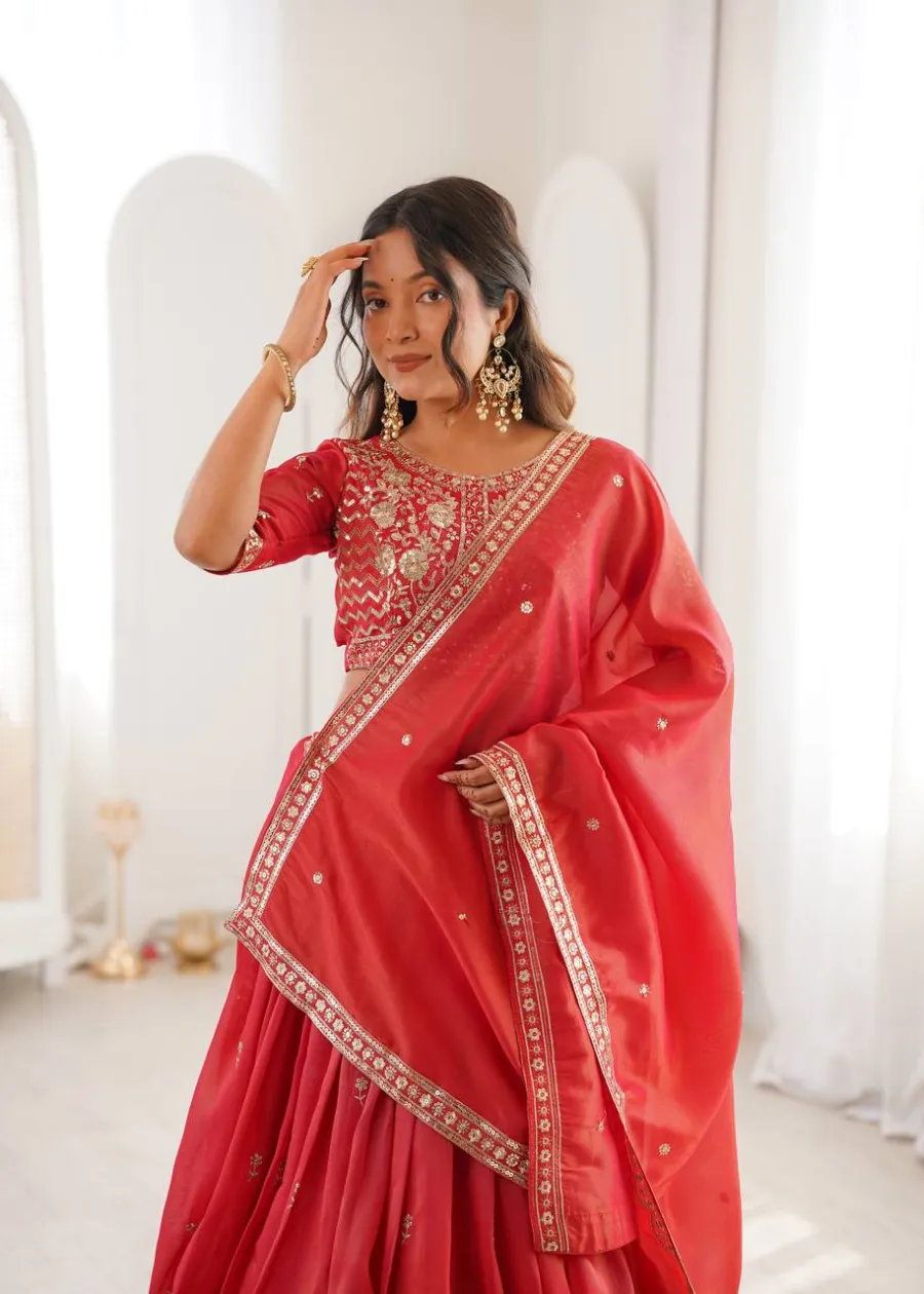 15DESIGNER SHIMMER SILK THREAD WITH SEQUENCE WORK LEHENGA CHOLI WITH DUPATTA WEDDING WEAR WHOLESALE PRICE ETHNIC GARMENT (24)
