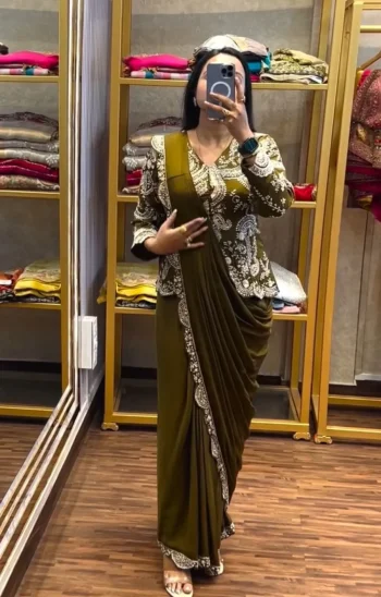 MODERN CHINON EMBROIDERY WORK READY TO WEAR SAREE WITH FULL STITCHED JACKET AND BLOUSE MEHNDI