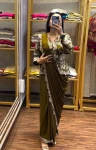 MODERN CHINON EMBROIDERY WORK READY TO WEAR SAREE WITH FULL STITCHED JACKET AND BLOUSE MEHNDI