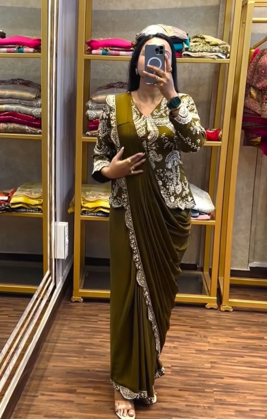 15MODERN CHINON EMBROIDERY WORK READY TO WEAR SAREE WITH FULL STITCHED JACKET AND BLOUSE PARTY WEAR WHOLESALE PRICE ETHNIC GARMENT (12)