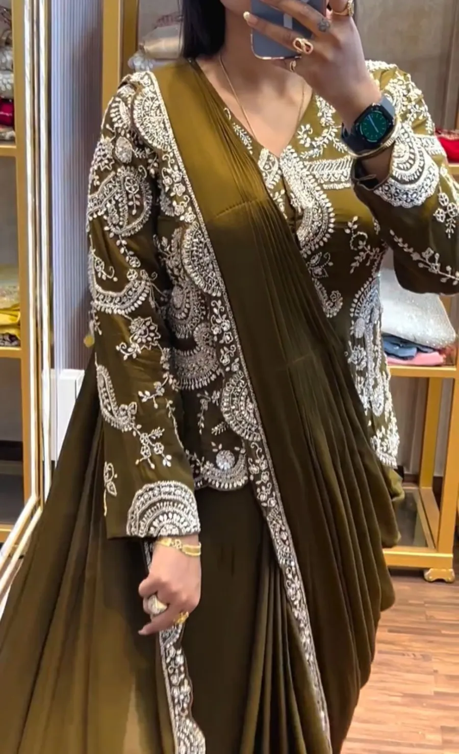 15MODERN CHINON EMBROIDERY WORK READY TO WEAR SAREE WITH FULL STITCHED JACKET AND BLOUSE PARTY WEAR WHOLESALE PRICE ETHNIC GARMENT (13)