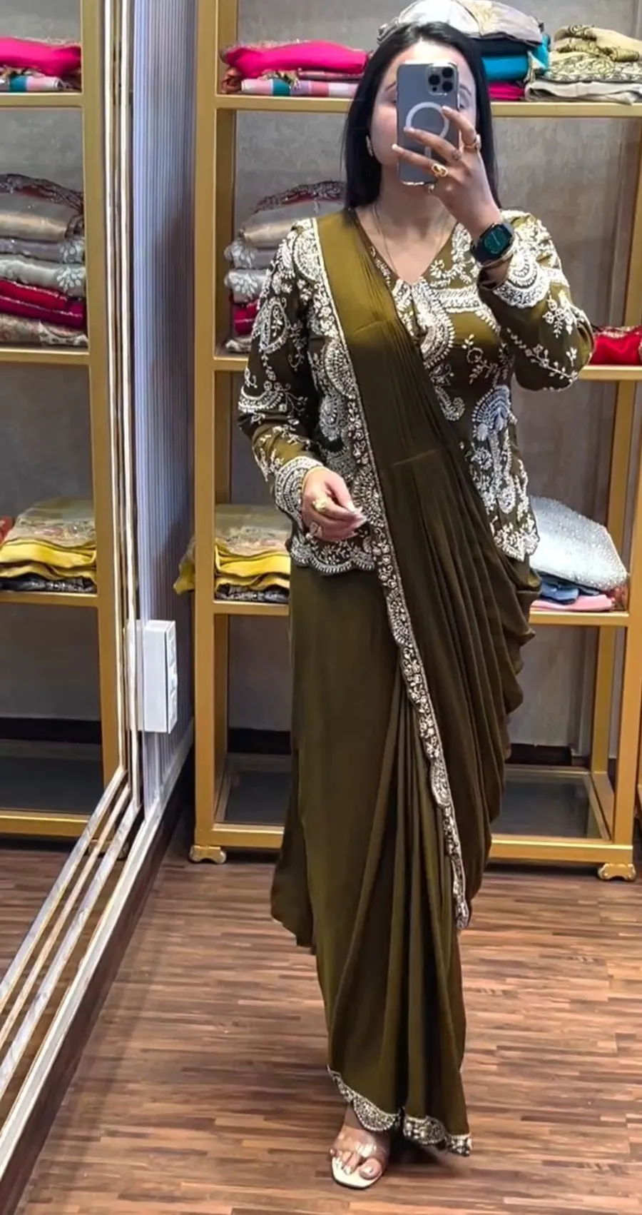15MODERN CHINON EMBROIDERY WORK READY TO WEAR SAREE WITH FULL STITCHED JACKET AND BLOUSE PARTY WEAR WHOLESALE PRICE ETHNIC GARMENT (14)