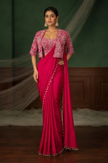 DESIGNE CREPE SILK LACE BORDER WORK READY TO WEAR SAREE WITH STITCHED BLOUSE AND KOTI RANI