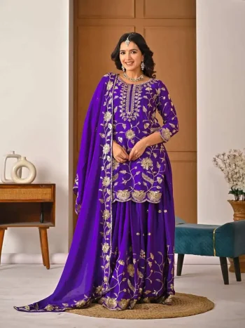 DESIGNER CHINON SILK SEQUENCE EMBROIDERY WORK TOP LEHENGA WITH DUPATTA PURPLE