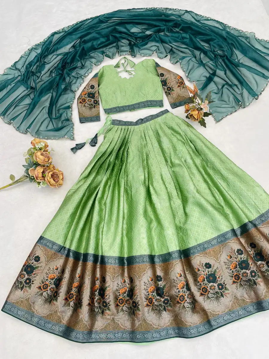 16DESIGNER SILK ZARI WEAVING WITH CONTRAST BORDER KALAMKARI WEAVING BORDER WORK LEHENGA CHOLI WITH DUPATTA FESTIVE WEAR WHOLESALE PRICE ETHNIC GARMENT (2)