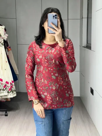 MODERN CAMBRIC COTTON FLORAL PRINTED WORK SHORT KURTI MAROON
