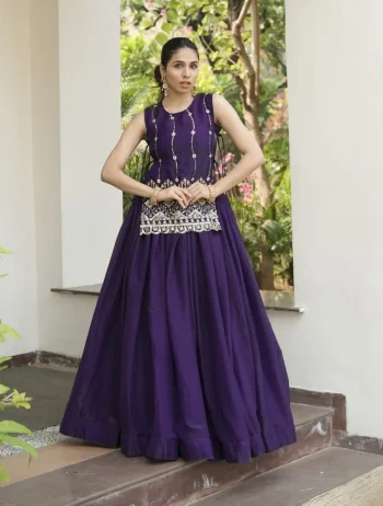 MODERN FENDY PLAIN LEHENGA CHOLI WITH BEADS WORK FRONT AND BACK WITH ARC BORDER WORK KOTI PURPLE