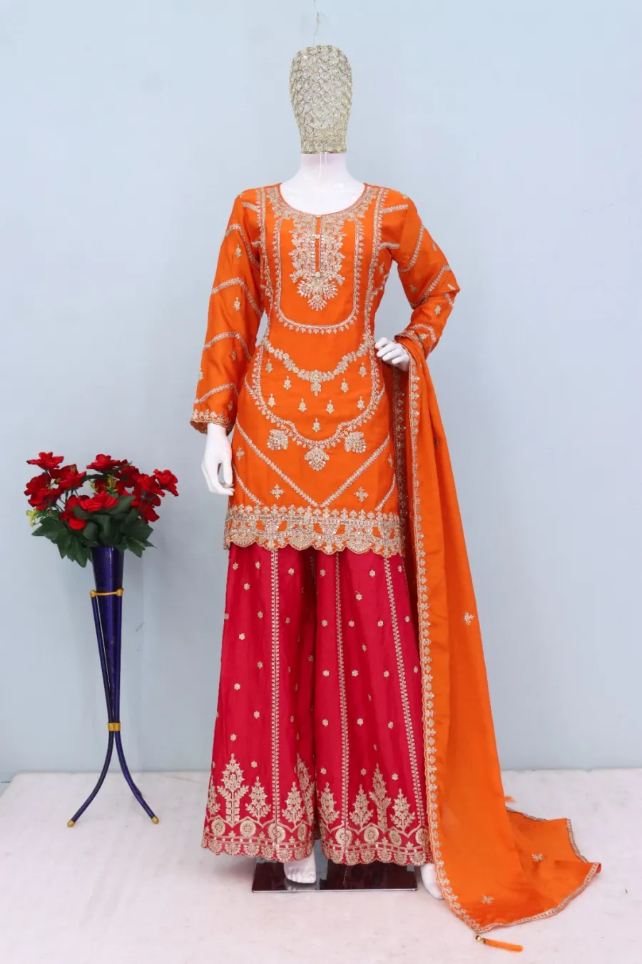 18DESIGNER CHINON SILK EMBROIDERY SEQUENCE WITH CODING WORK TOP PALAZZO WITH DUPATTA FESTIVE WEAR WHOLESALE PRICE ETHNIC GARMENT (9)
