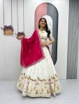 DESIGNER VICHITRA SILK EMBROIDERY THREAD & SEQUENCE WORK LEHENGA CHOLI WITH DUPATTA OFF WHITE AND PINK