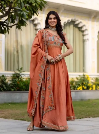 MODERN VICHITRA SILK EMBROIDERY WORK GOWN  WITH DUPATTA ORANGE