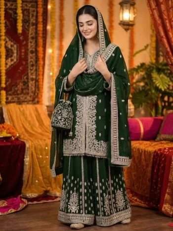 DESIGNER GEORGETTE CHAIN SEQUENCE WORK WITH FANCY LATKAN AND LACE BORDER WORK TOP SHARARA WITH DUPATTA GREEN
