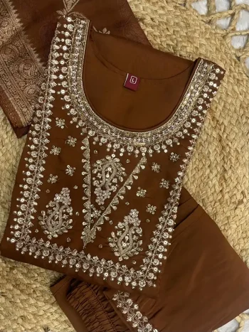 DESIGNER SILK EMBROIDERY THREAD WITH HAND WORK TOP BOTTOM WITH DUPATTA CHIKU