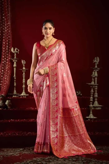 DESIGNER BANARASI JARI WITH ZHALLAR WORK SAREE WITH UNSTITCHED BLOUSE BABY PINK