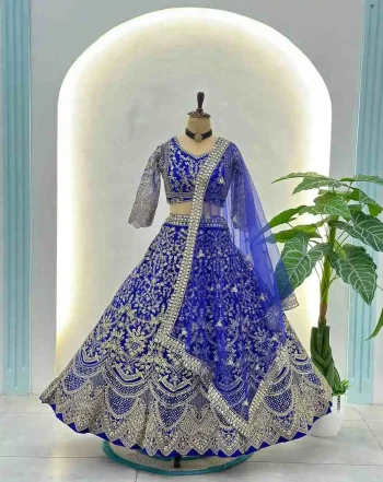 DESIGNER BUTTERFLY NET SEQUENCE AND CODING EMBROIDERY WORK LEHENGA CHOLI WITH DUPATTA BLUE
