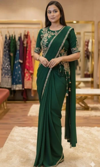 DESIGNER CHINON LACE BORDER WORK READY TO WEAR SAREE WITH STITCHED BLOUSE GREEN