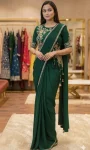 DESIGNER CHINON LACE BORDER WORK READY TO WEAR SAREE WITH STITCHED BLOUSE GREEN