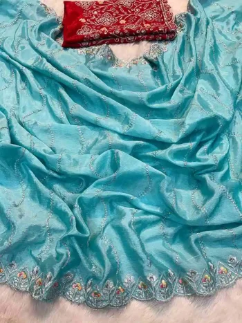 DESIGNER CHINON SILK SEQUENCE WORK WITH CUT WORK BORDER WORK SAREE WITH UNSTITCHED BLOUSE SKY