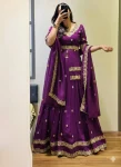 DESIGNER CHINON SILK THREAD & PIPE SEQUENCE WORK TOP LEHENGA WITH DUPATTA PURPLE