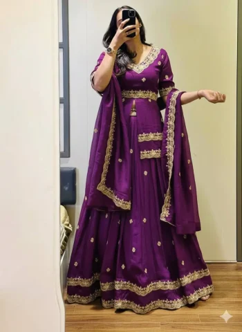 DESIGNER CHINON SILK THREAD & PIPE SEQUENCE WORK TOP LEHENGA WITH DUPATTA PURPLE