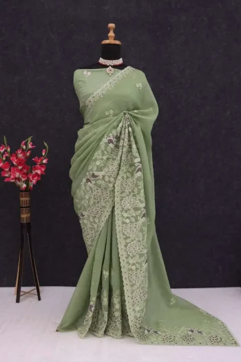 DESIGNER CRUNCHY CRUSH MULTI THREAD EMBROIDERY WITH SEQUENCE WORK SAREE WITH UNSTITCHED BLOUSE PISTA