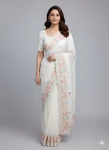 DESIGNER CRUNCHY SILK MULTI EMBROIDERY WORK AND BUTTI WITH CUT WORK SAREE WITH UNSTITCHED BLOUSE WHITE