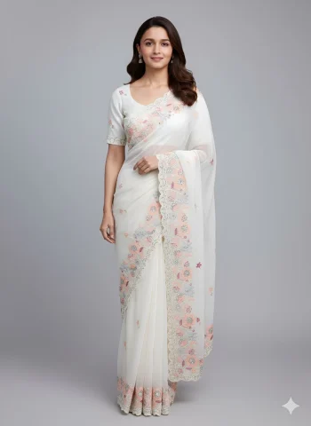 DESIGNER CRUNCHY SILK MULTI EMBROIDERY WORK AND BUTTI WITH CUT WORK SAREE WITH UNSTITCHED BLOUSE WHITE