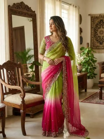 DESIGNER FENDY SATIN EMBROIDERY SEQUENCE WITH BORDER BUTTI & ARC WORK SAREE WITH STITCHED BLOUSE PARROT GREEN AND RANI