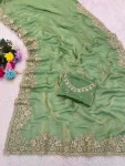 DESIGNER FENDY SATIN SEQUENCE EMBROIDERY AND MULTI THREAD WITH ARCO CUT WORK SAREE WITH UNSTITCHED BLOUSE PISTA