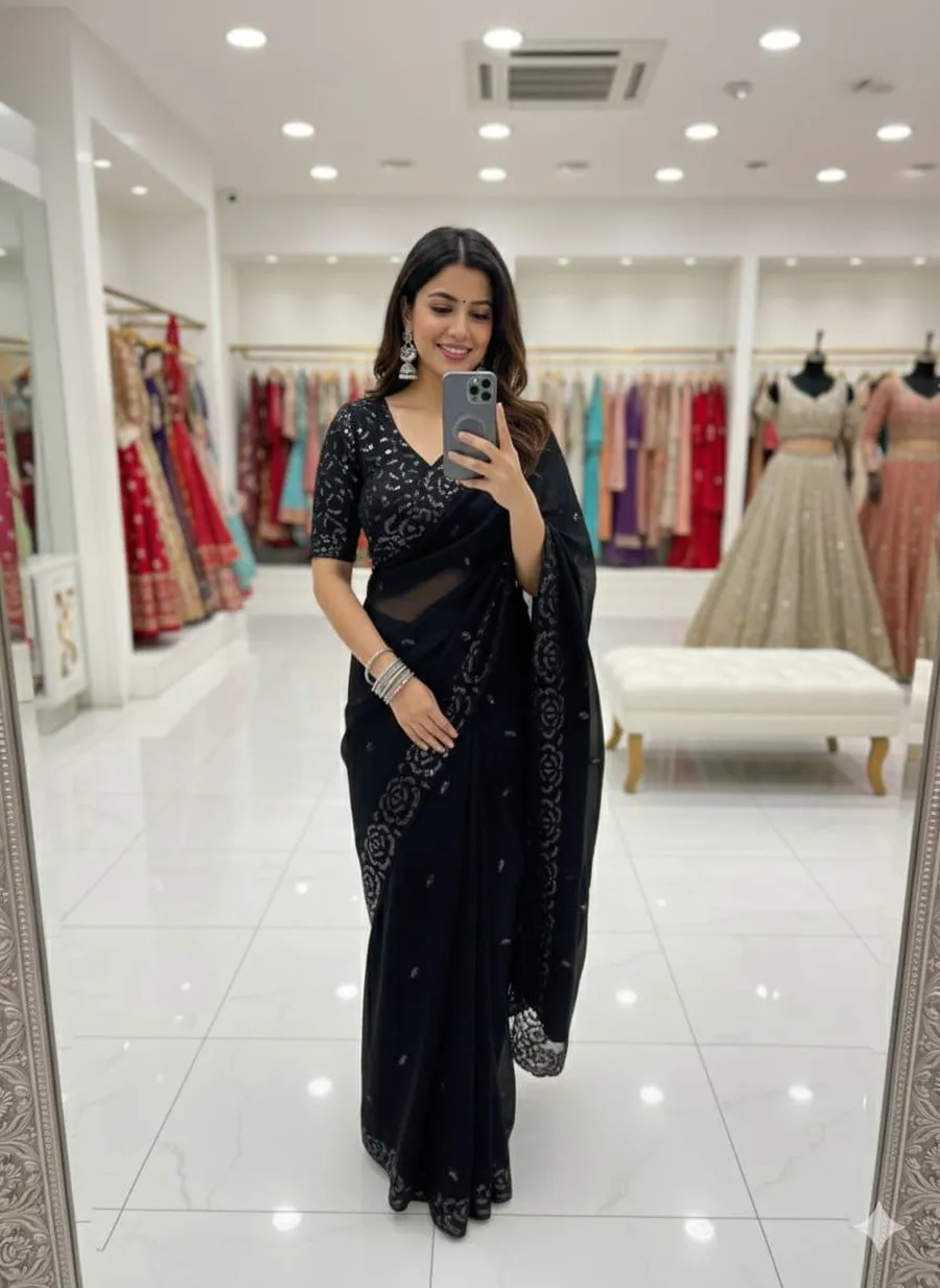 1DESIGNER FENDY SATIN SILK MULTI THREAD SEQUENCE WORK SAREE WITH UNSTITCHED BLOUSE WEDDING WEAR WHOLESALE PRICE ETHNIC GARMENT (12)