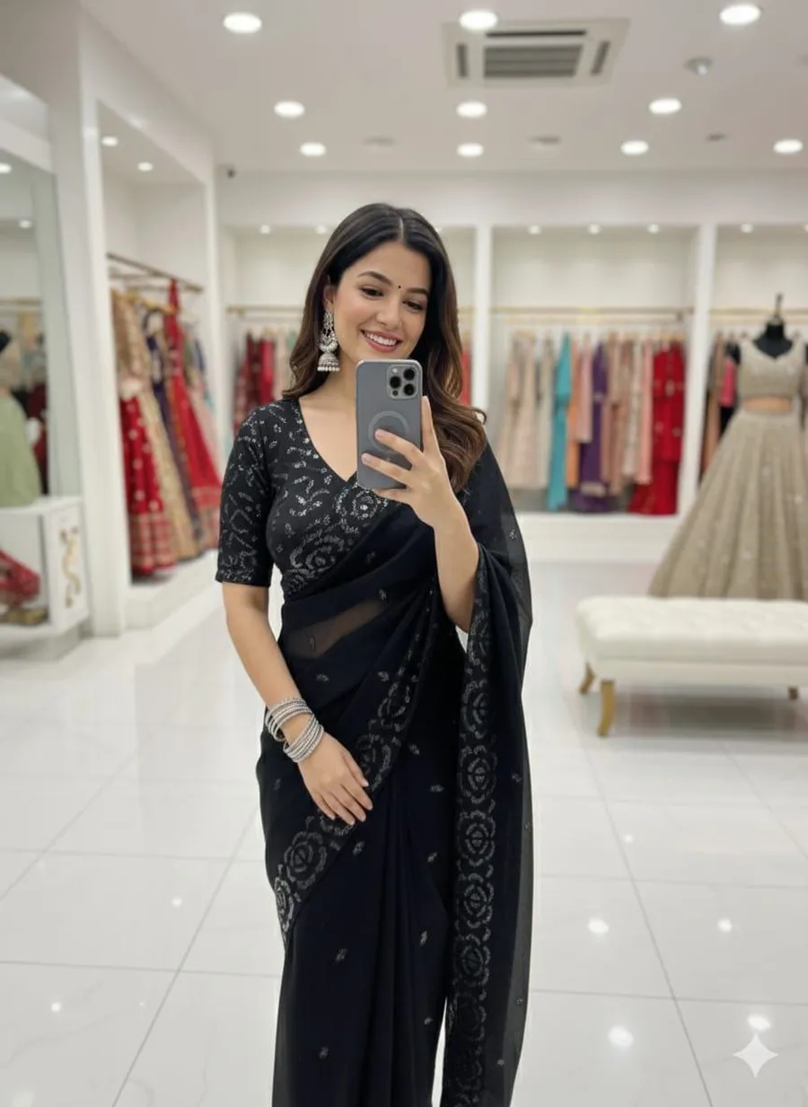 1DESIGNER FENDY SATIN SILK MULTI THREAD SEQUENCE WORK SAREE WITH UNSTITCHED BLOUSE WEDDING WEAR WHOLESALE PRICE ETHNIC GARMENT (14)