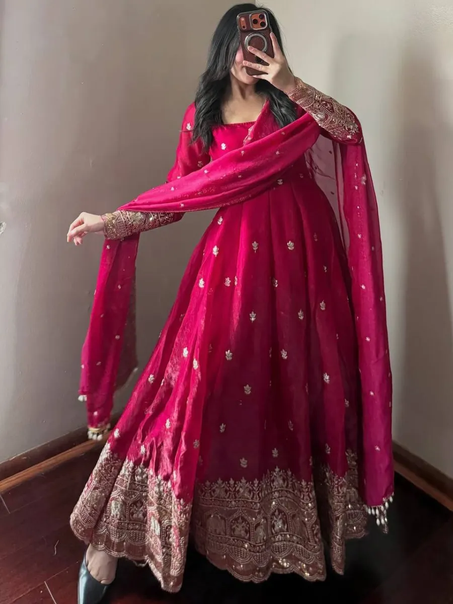 1DESIGNER FENDY SILK EMBROIDERY SEQUENCE WORK GOWN BOTTOM WITH DUPATTA WEDDING WEAR WHOLESALE PRICE ETHNIC GARMENT (10)