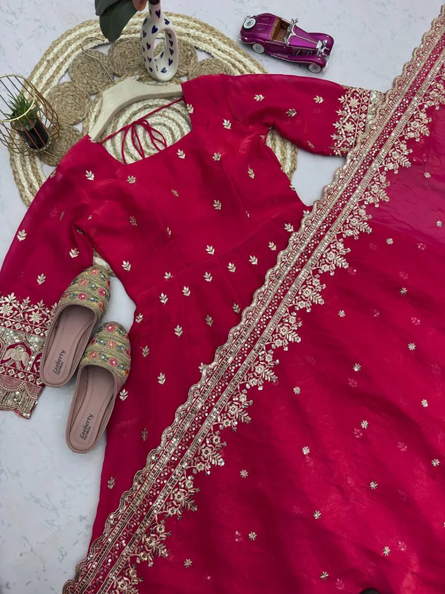 1DESIGNER FENDY SILK EMBROIDERY SEQUENCE WORK GOWN BOTTOM WITH DUPATTA WEDDING WEAR WHOLESALE PRICE ETHNIC GARMENT (9)