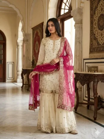 DESIGNER FENDY SILK EMBROIDERY SEQUENCE WORK TOP SHARARA WITH DUPATTA PINK AND OFF WHITE