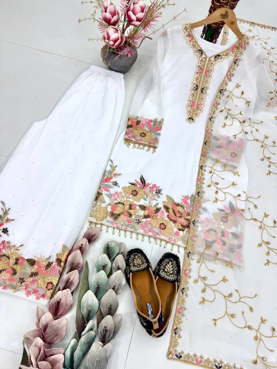 1DESIGNER GEORGETTE EMBROIDERY SEQUENCE WITH PEARL MOTI HAND WORK AND FANCY LACE BORDER WORK TOP PALAZZO WITH DUPATTA FESTIVE WEAR WHOLESALE PRICE ETHNIC GARMENT (12)