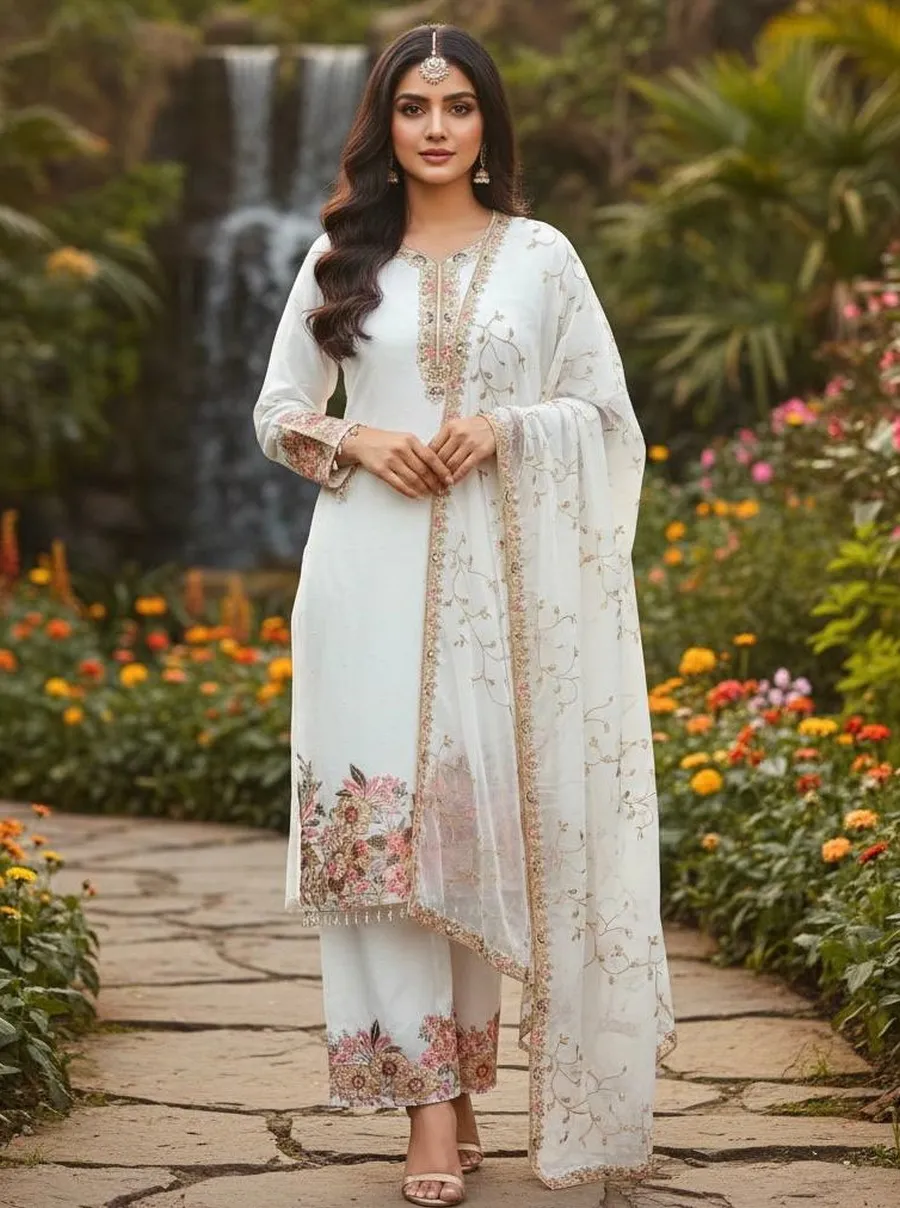 1DESIGNER GEORGETTE EMBROIDERY SEQUENCE WITH PEARL MOTI HAND WORK AND FANCY LACE BORDER WORK TOP PALAZZO WITH DUPATTA FESTIVE WEAR WHOLESALE PRICE ETHNIC GARMENT (14)