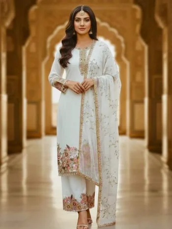 DESIGNER GEORGETTE EMBROIDERY   SEQUENCE  WITH PEARL MOTI HAND WORK AND FANCY LACE BORDER WORK TOP PALAZZO WITH DUPATTA WHITE