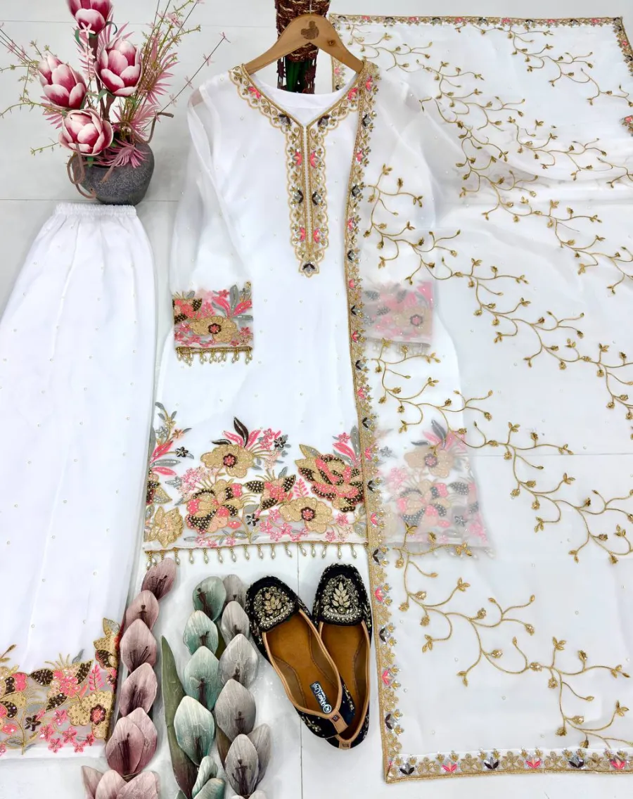 1DESIGNER GEORGETTE EMBROIDERY SEQUENCE WITH PEARL MOTI HAND WORK AND FANCY LACE BORDER WORK TOP PALAZZO WITH DUPATTA FESTIVE WEAR WHOLESALE PRICE ETHNIC GARMENT (17)