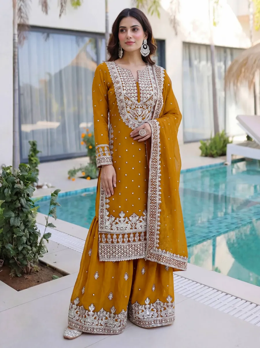 1DESIGNER GEORGETTE EMBROIDERY SEQUENCE ZARI WORK TOP SHARARA WITH DUPATTA FESTIVE WEAR WHOLESALE PRICE ETHNIC GARMENT (11)