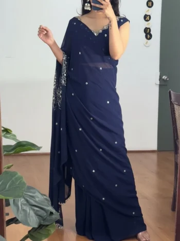 DESIGNER GEORGETTE EMBROIDERY WITH REAL MIRROR & PEARLS HAND WORK STYLE READY TO WEAR SAREE WITH STITCHED BLOUSE NAVY BLUE