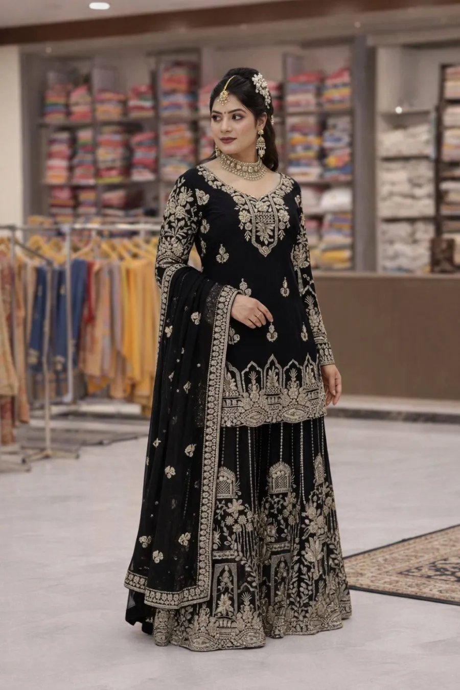 1DESIGNER GEORGETTE ZARI & 5MM SEQUENCE EMBROIDERY WORK TOP PALAZZO WITH DUPATTA WEDDING WEAR WHOLESALE PRICE ETHNIC GARMENT (20)