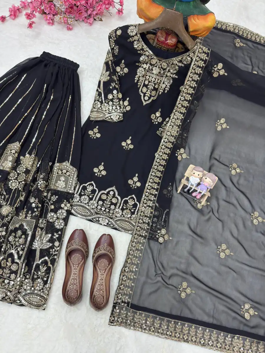 1DESIGNER GEORGETTE ZARI & 5MM SEQUENCE EMBROIDERY WORK TOP PALAZZO WITH DUPATTA WEDDING WEAR WHOLESALE PRICE ETHNIC GARMENT (22)