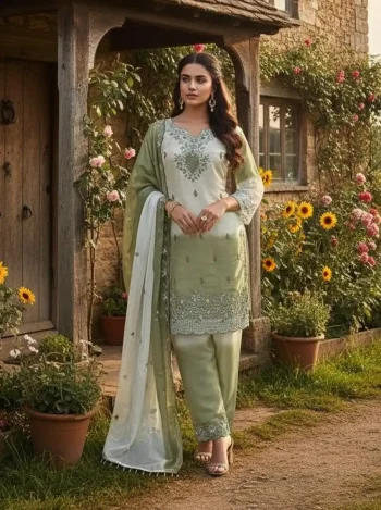DESIGNER GMY SILK EMBROIDERY AND SEQUENCE WITH DIGITAL PRINT WORK TOP BOTTOM WITH DUPATTA GREEN