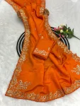 1DESIGNER GOLD CRUSH COTTON THREAD EMBROIDERY WITH SEQUENCE & CODING WORK SAREE WITH UNSTITCHED BLOUSE WEDDING WEAR WHOLESALE PRICE ETHNIC GARMENT (18)