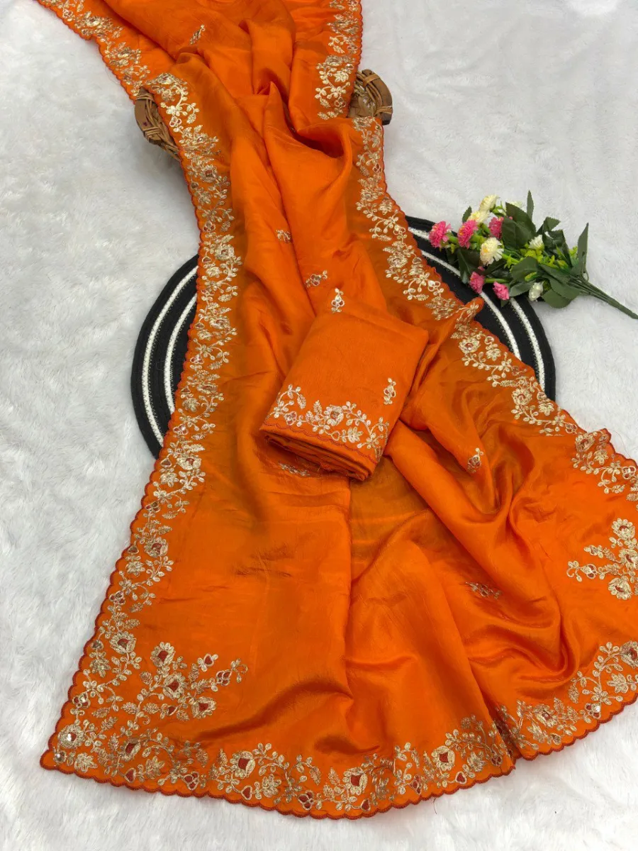 1DESIGNER GOLD CRUSH COTTON THREAD EMBROIDERY WITH SEQUENCE & CODING WORK SAREE WITH UNSTITCHED BLOUSE WEDDING WEAR WHOLESALE PRICE ETHNIC GARMENT (23)